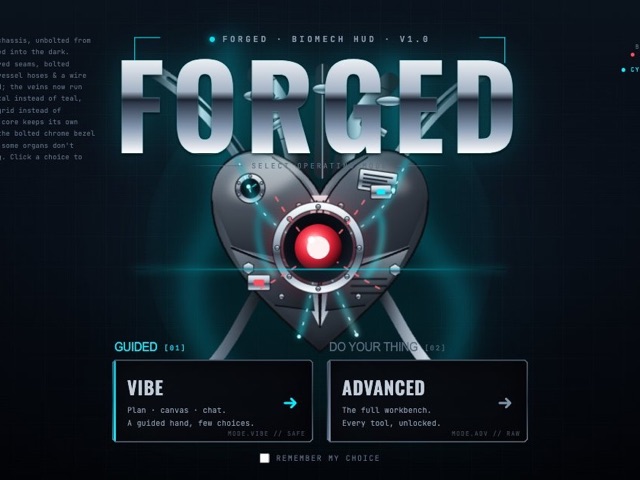 Forged Studio Biomech HUD entrance with a chrome FORGED wordmark.