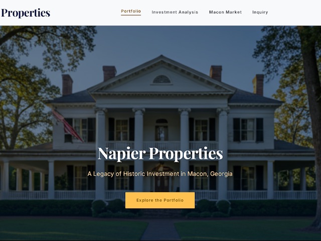 Napier Properties home page with a historic columned house.