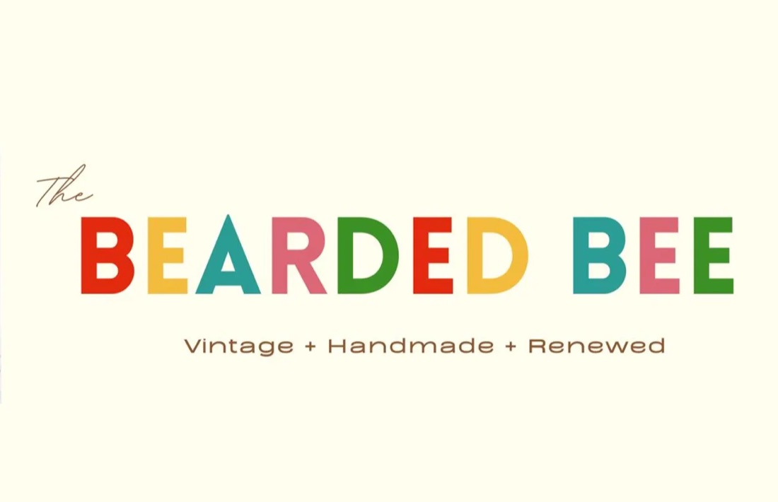 The Bearded Bee wordmark in red, yellow, teal, pink and green letters, with the line Vintage + Handmade + Renewed.